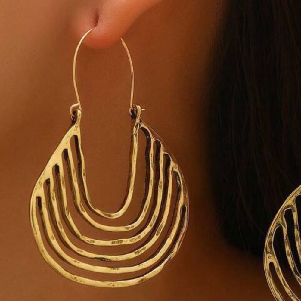 Anthropologie Gold blackened Hammered Curved Hoop Earrings